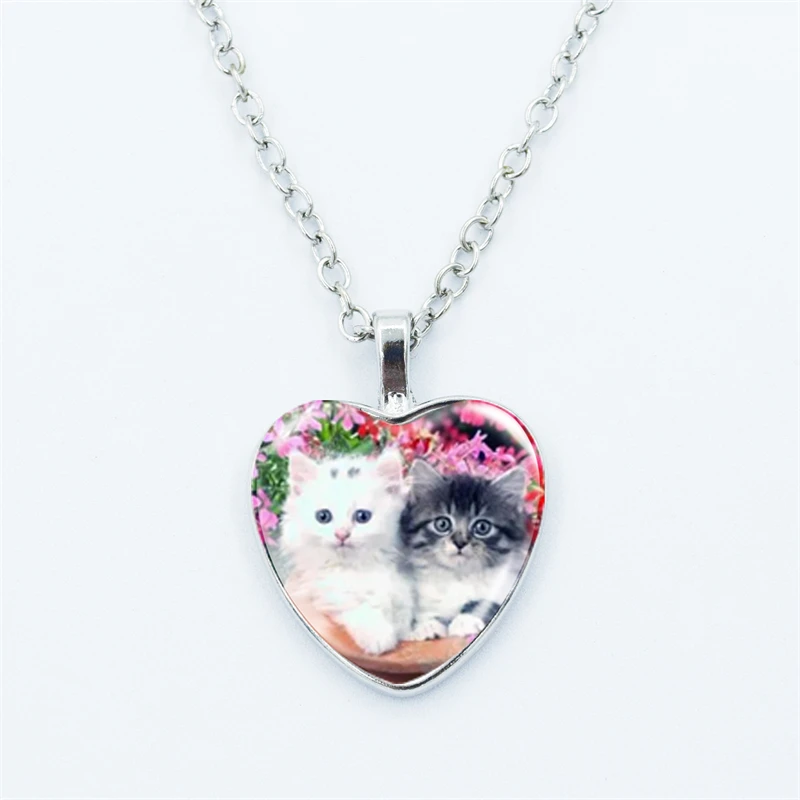 Cute Pet Cat Heart Pendant Necklace For Women Fashion Metal Glass Gem Face Fine Chain Jewelry Child Gift Accessories