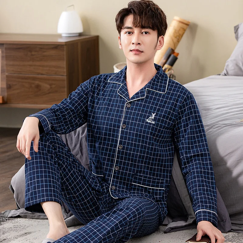 Spring Plaid Men Sleepwear Suits Cotton Man Pajamas Long Sleeve Turn-down Collar Cardigan Plus Size L-4XL Male Lounge Homewear