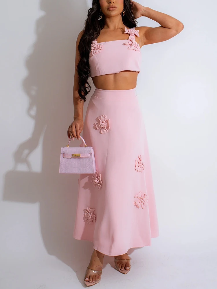 CHICEVER Elegant Two Piece Set For Women Square Collar Sleeveless Crop Top High Waist Skirt Patchwork Appliques Sets Female New