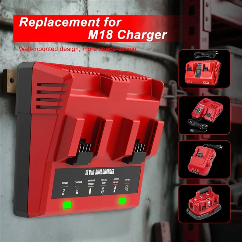 ABXF-For  M18 Battery Charger Replacement 18V Dual Port- Models 48-59-1802, 48-11-1850, 48-11-1840, 48-11-30 US Plug