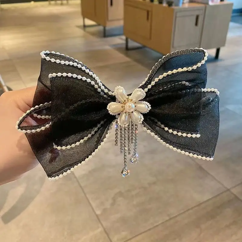 Light Luxury Lace Bow Hair Clip Super Sparkling Water Diamond Mesh Girl Gold Edge Back Head Spring Clip Hair Accessories