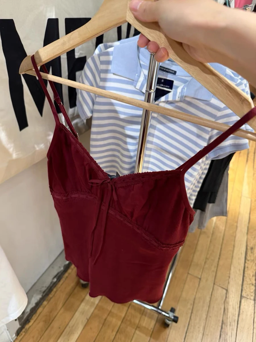 الدانتيل متابعة الصلبة سليم بروتيل المرأة الصيف الدانتيل تقليم الخامس الرقبة أكمام اقتصاص تانك القمم عادية خمر الحلو بورجوندي المحاصيل الأعلى جديد