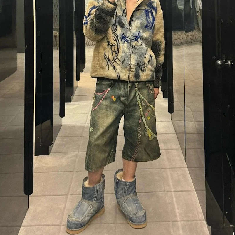 Мешковатые джинсы с 3D принтом конфетной цепочки для мужчин, уличная одежда, летние широкие лоскутные повседневные свободные брюки до колена, большие размеры