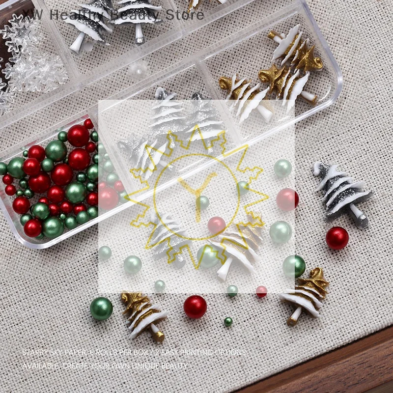 6 Grids/box Christmas Red/Green Bead Snowflake Nail Rhinestone Mixed Size Colorful Beads Nali Charms Christmas Manicure Jewelry