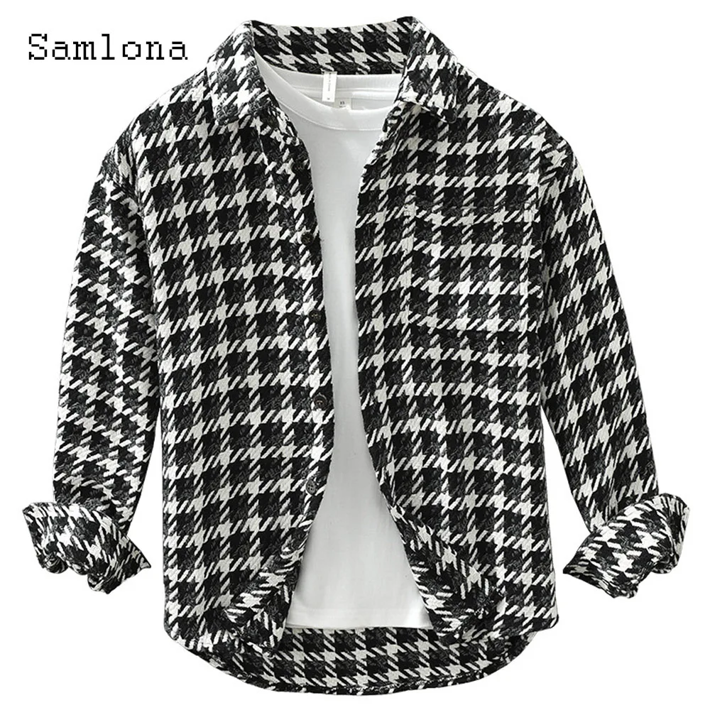 Kpop Style Fashion Houndstooth Shirts Men Vintage Street Blouse 2023 Single Breasted Tops Mens Casual Pocket Shirt blusas hommes