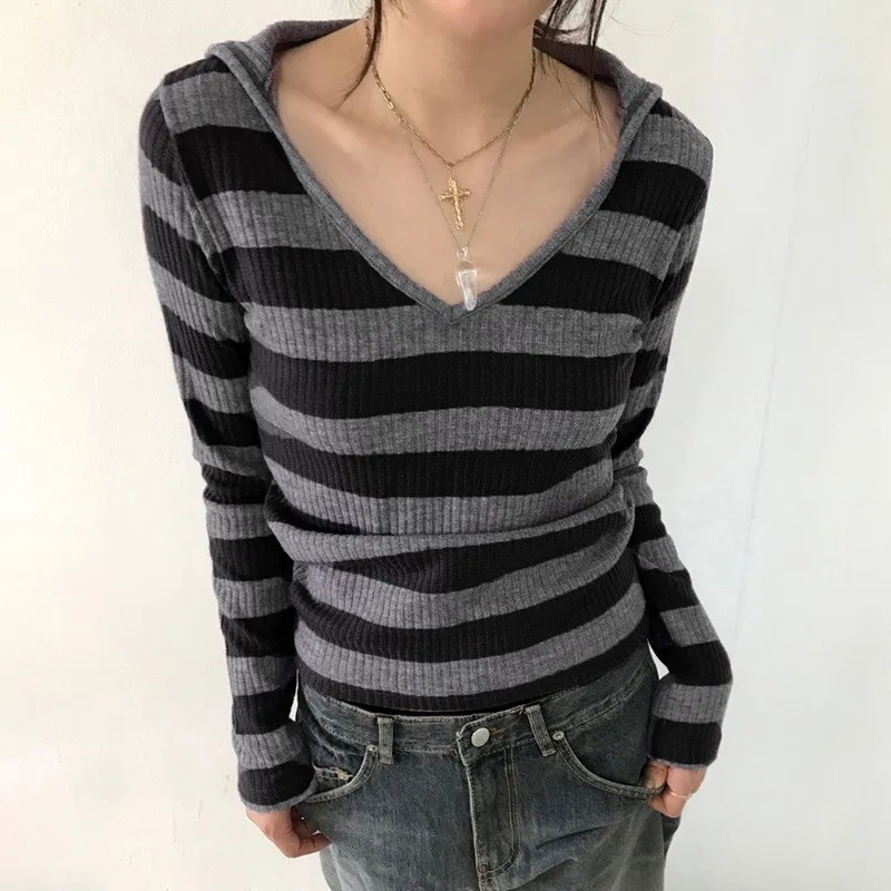 

Spring Autumn Striped Knitted Sweater Fashion Aesthetic Long Sleeve Woman Clothing Tops Slim Office Pullover Retro Hooded Top