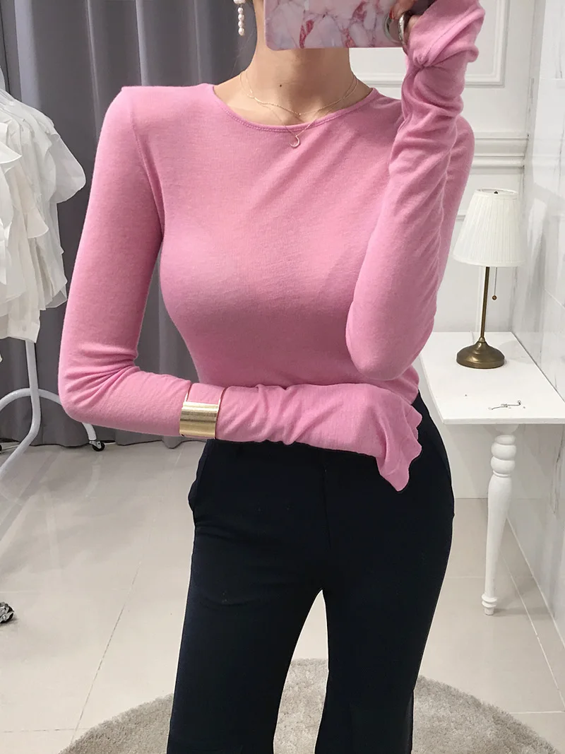 Sexy Shirt Frauen T-Shirt Langarm Koreanischen Stil Dünne Grundlegende Elastizität T-shirt Top Frauen Kleidung T Shirt Femme – Detail 2