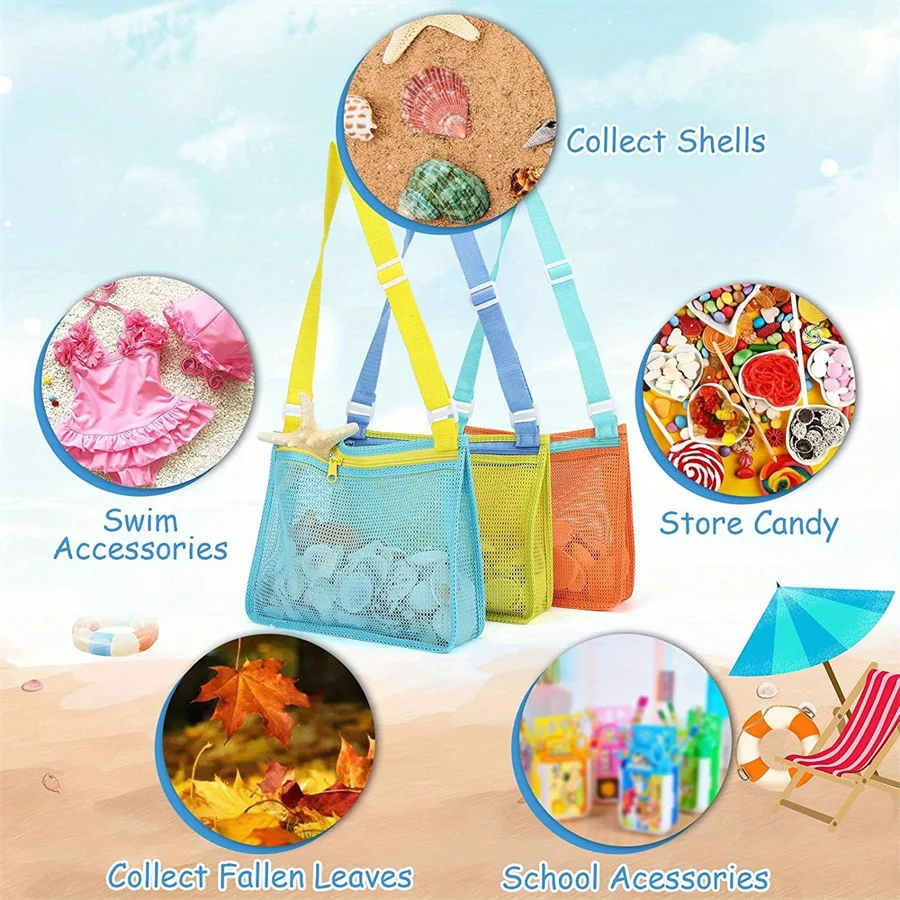 3 Pcs Mesh Bag - Beach Toy Mesh Bag,Collect Seashells & Beach Toys,Swimming Accessories Storage Bag,Convenient and Easy to Carry