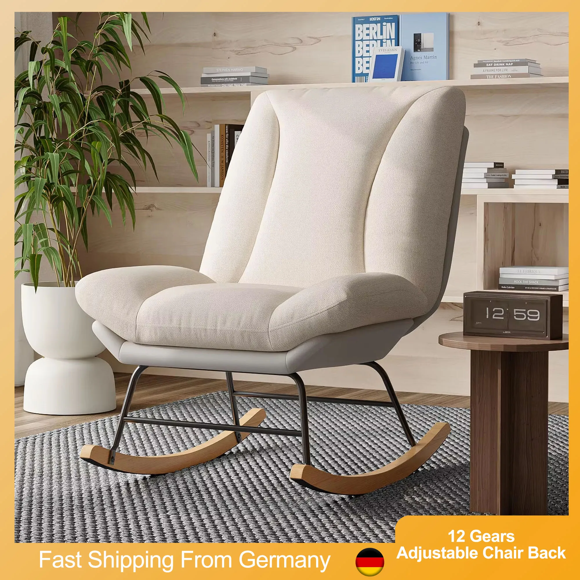 Modern Rocking Chair with Adjustable Backrest, Bedroom Balcony Living Room Relaxing Chair Padded Swing Chair, 90.5 x 74 x 98 cm