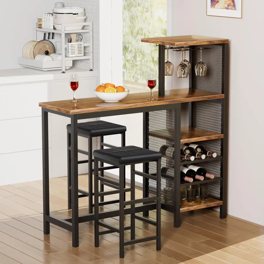 

Bar Table and Chairs Set for 2, 3Piece Dining Set with Storage Shelves, Cup Holder amp Wine Rack, PU Leather Cushion Stools, for