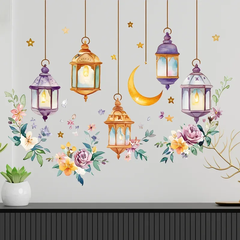 Eid al Fitr Aquarell Pflanze Blume Stern Mond Wandaufkleber – Ramadan Muslim Islamische Fensteraufkleber Festival Dekoration Aufkleber
