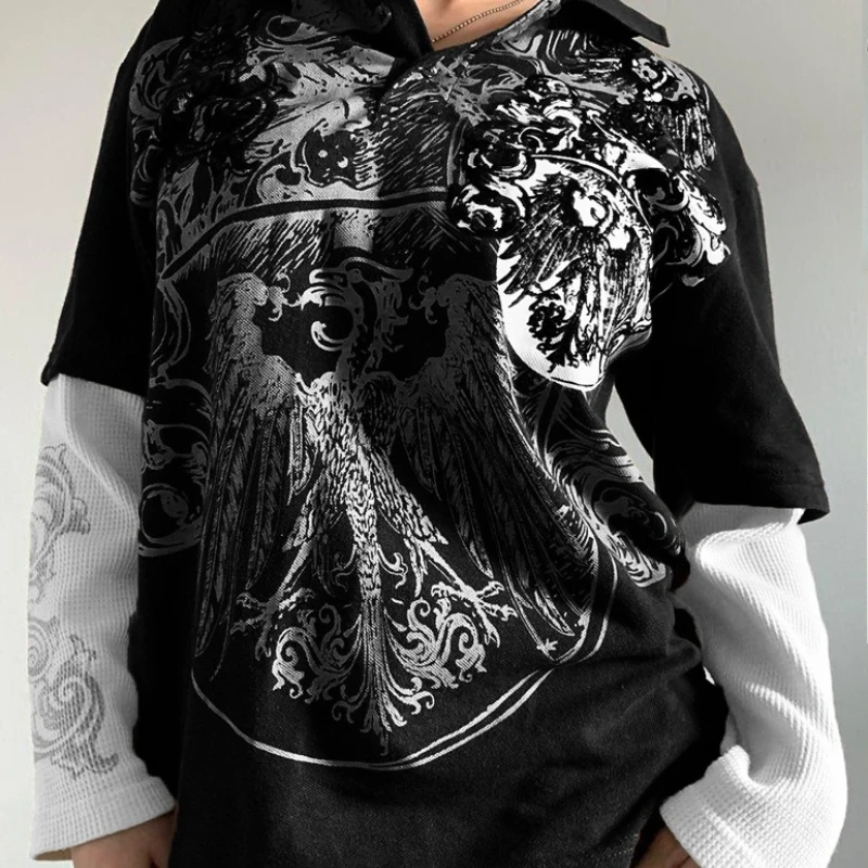 

Street Hipster Print Women's Loose Top Fake Two-piece POLO Shirt