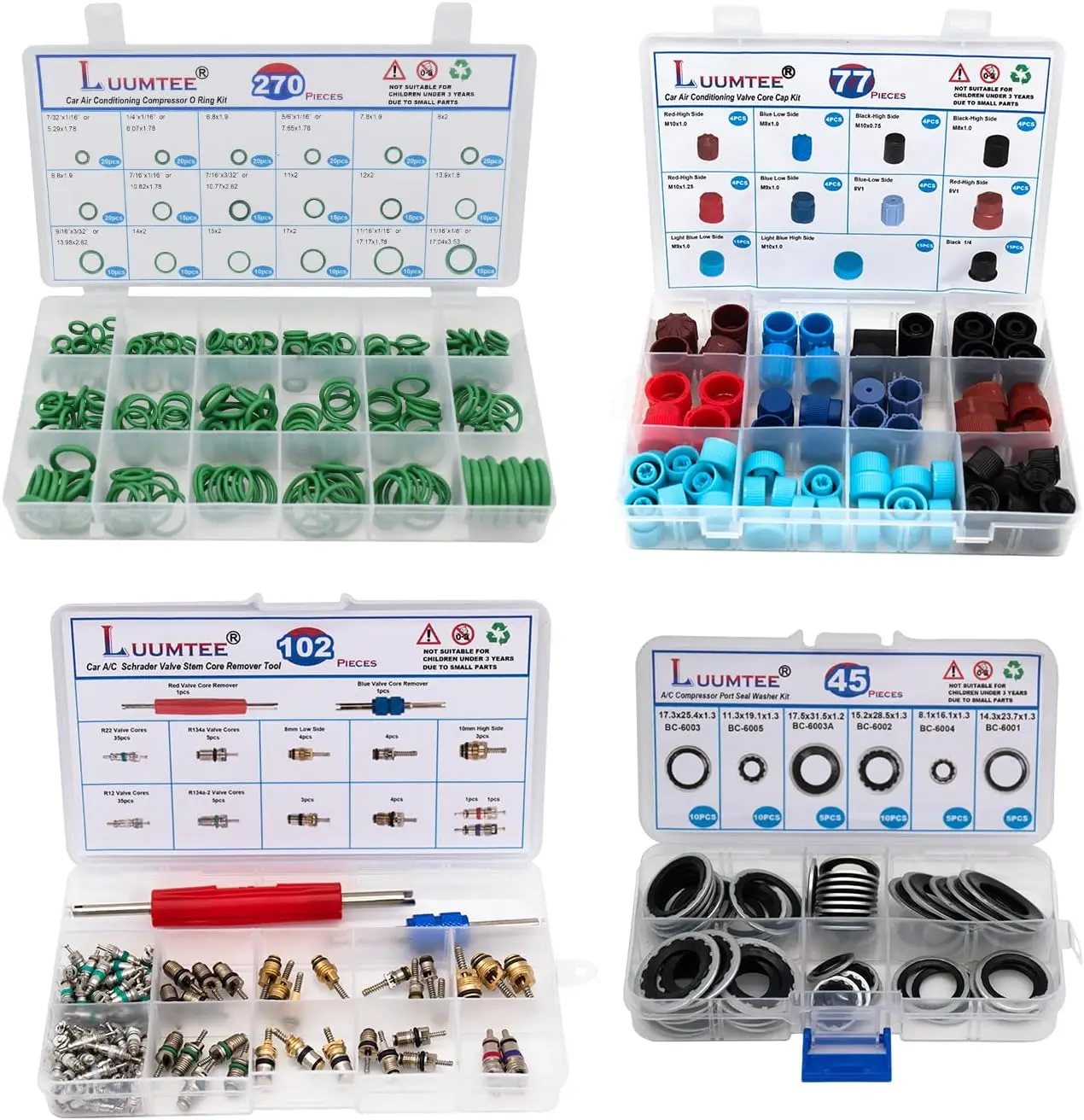 

4 Set Car A/C Repair Kit: 270pcs O-Ring + 102pcs Valve Core + 77pcs Dust Caps + 45pcs Gasket (494pcs)