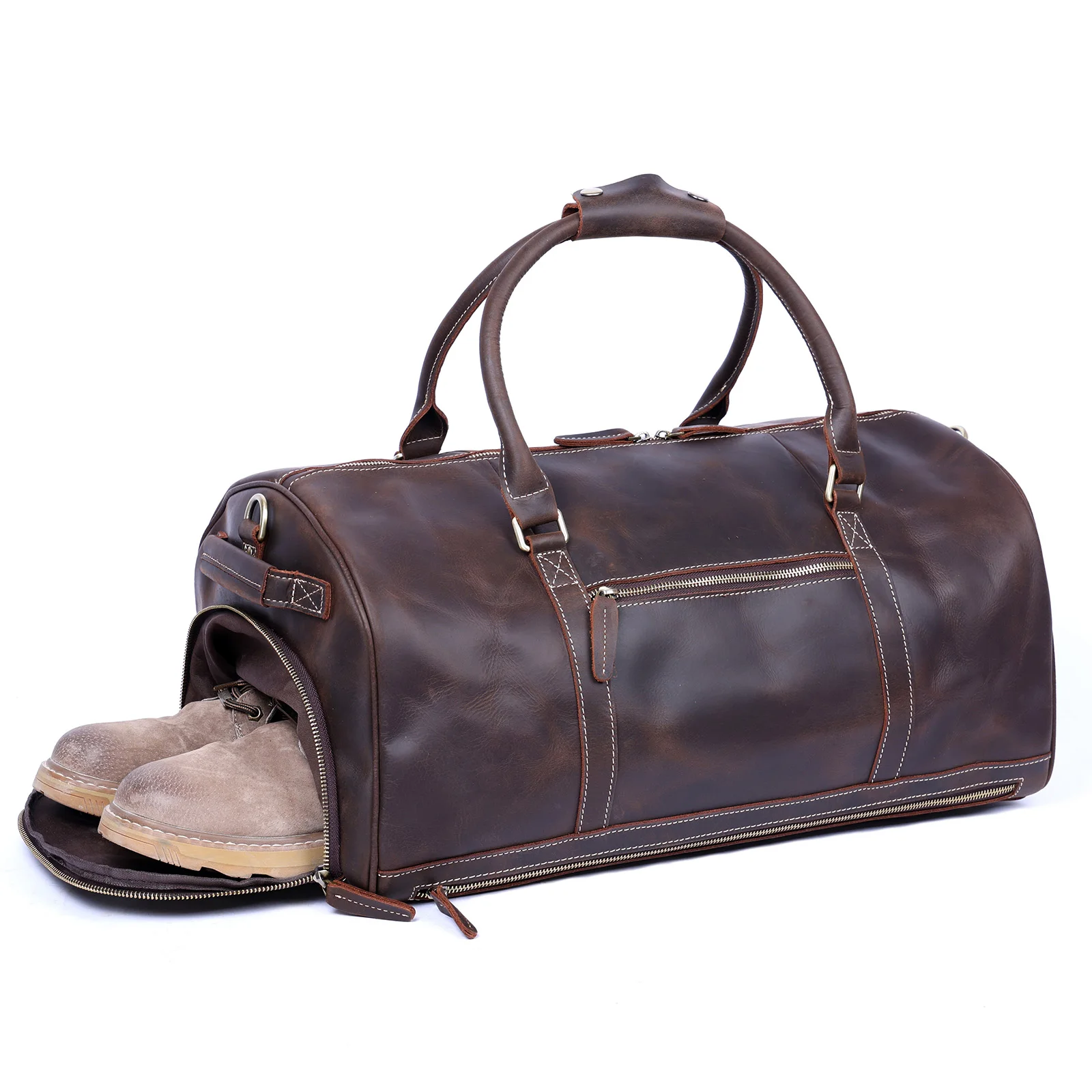 S.WORKER Vollnarbenleder Herren-Reisetasche mit mehreren Fächern, große Kapazität, Weekender-Reisetasche aus Vollnarbenleder – Detail 21