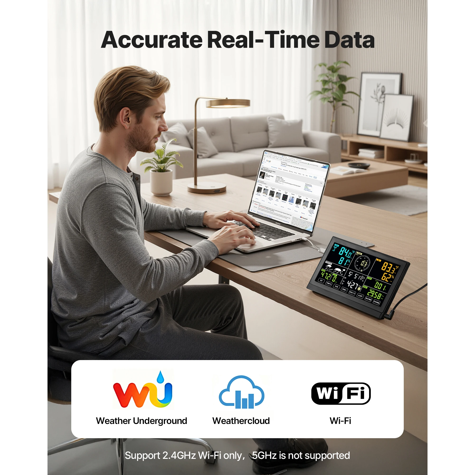 محطة الطقس SucceBuy US 7 في 1 Wi-Fi بشاشة عرض VA مقاس 7.5 بوصة لدرجة الحرارة والرطوبة وسرعة الرياح/التوجيه والأمطار، بدون تطبيق