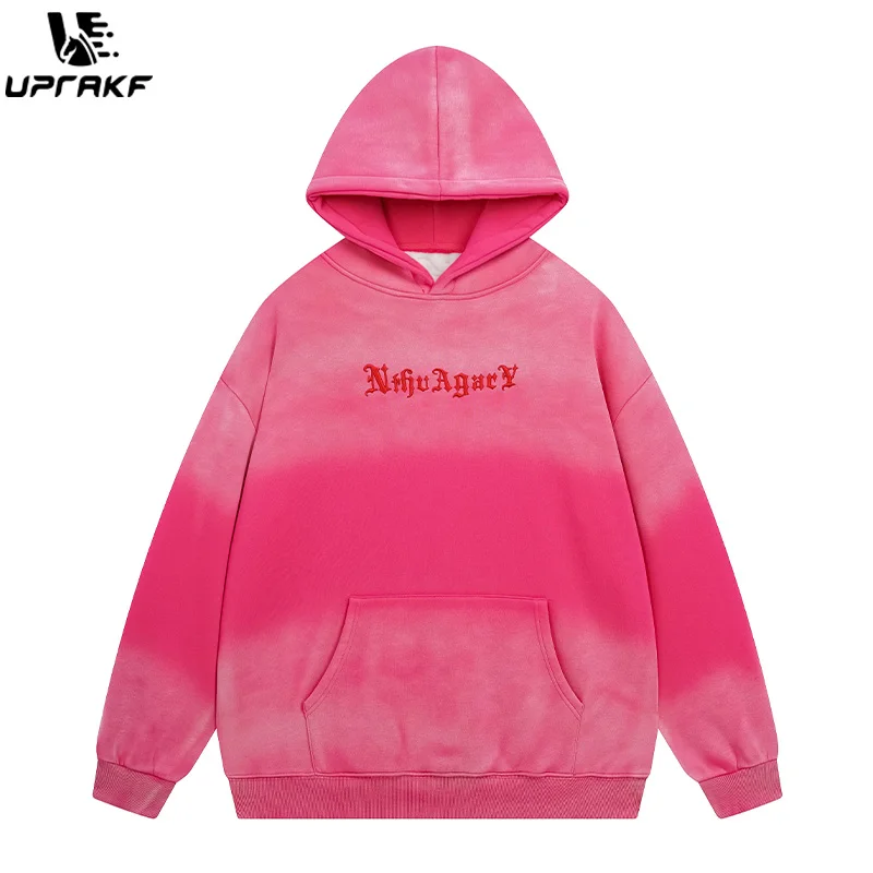 UPRAKF Letter Embroidery Hoodie Streetwear High Quality Hip Hop Fashion Casual Tops Pullovers Long Sleeve Front Pocket