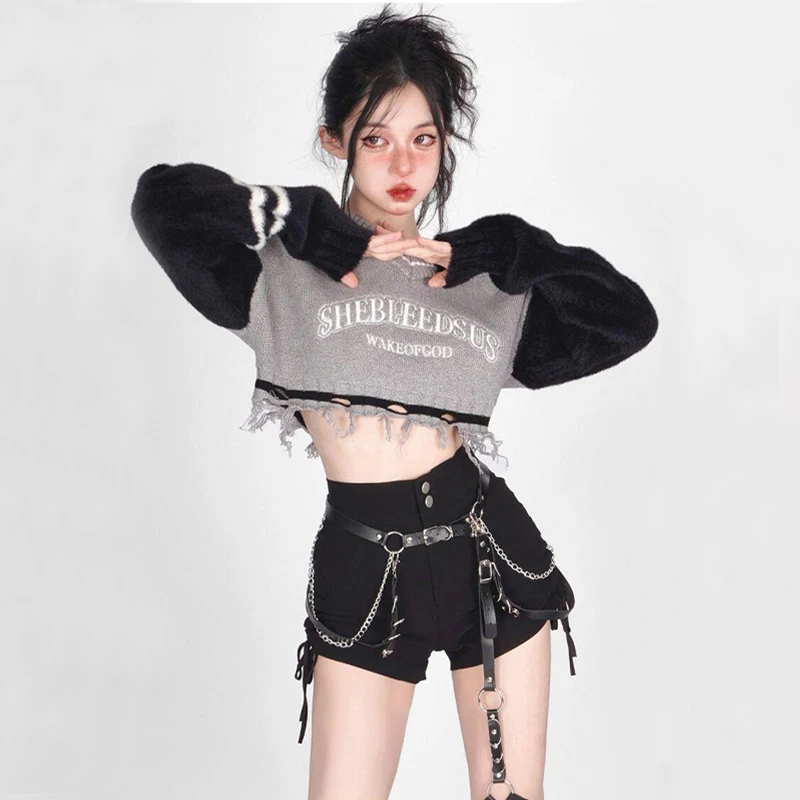 Autumn New Korean Style Long-sleeved Sexy Hole Sweater Asymmetric Loose Pullover Hollow Out Knitwear 2023 Women Sweater Knit