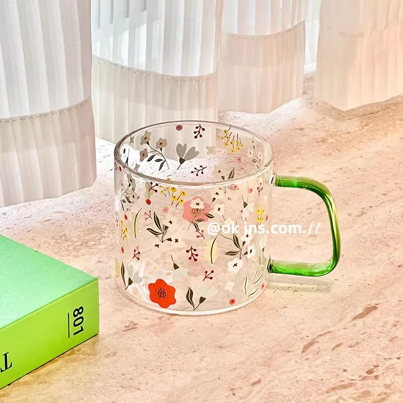 Flower Pattern Borosilicate Glass 2026 New Household Good-looking Transparent Glasses Handle Heat-resistant Breakfast Milk Cup