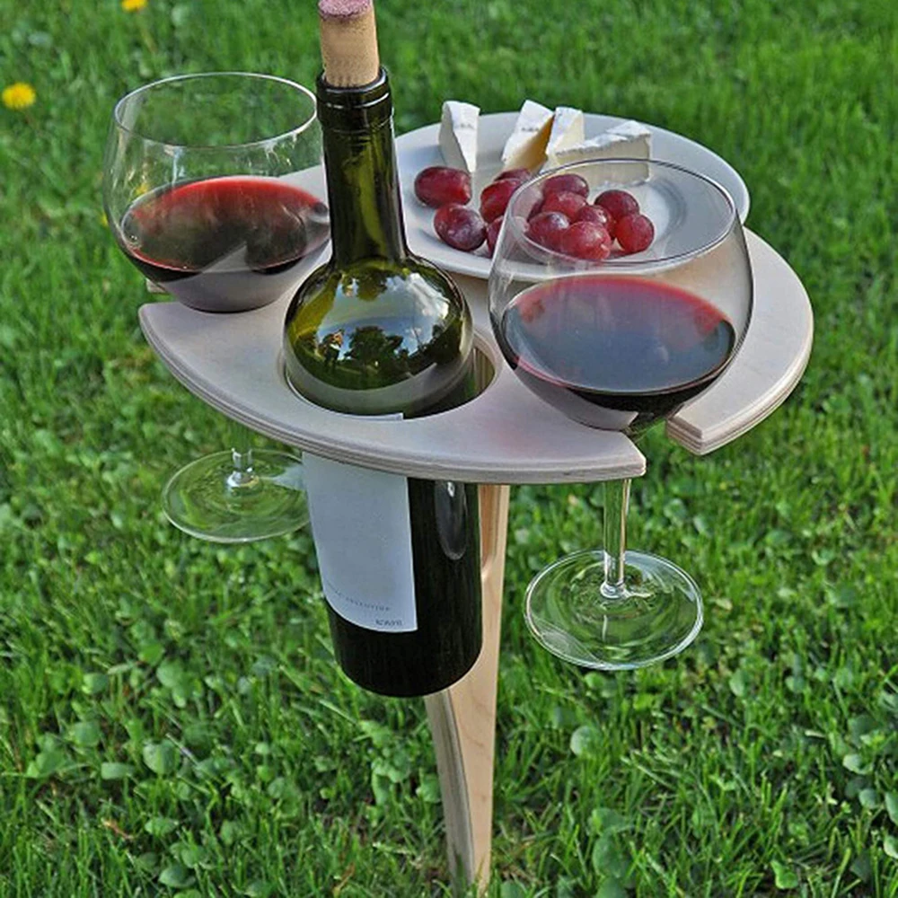 Mesa de Vino de Madera, Soporte para Botellas de Vino, Mesa Plegable Portátil para Exteriores, Soporte para Copas de Vino, para Playa, Jardín, Picnic