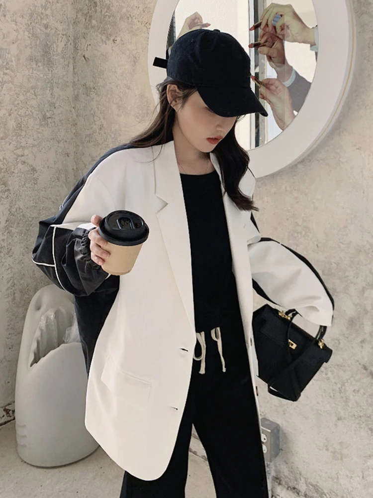 LANMREM Patchwork Color Block Blazer For Women Pockets Lapel Long Sleeve Loose Casual Coat Female Fashion 2024 Spring 2N859