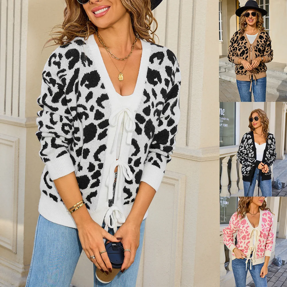 Women Coats Cardigan Sweaters Leopard Print V Neck Full Sleeve Jumpers Y2k Streetwear Elegant Coat Work Autumn Winter 2025