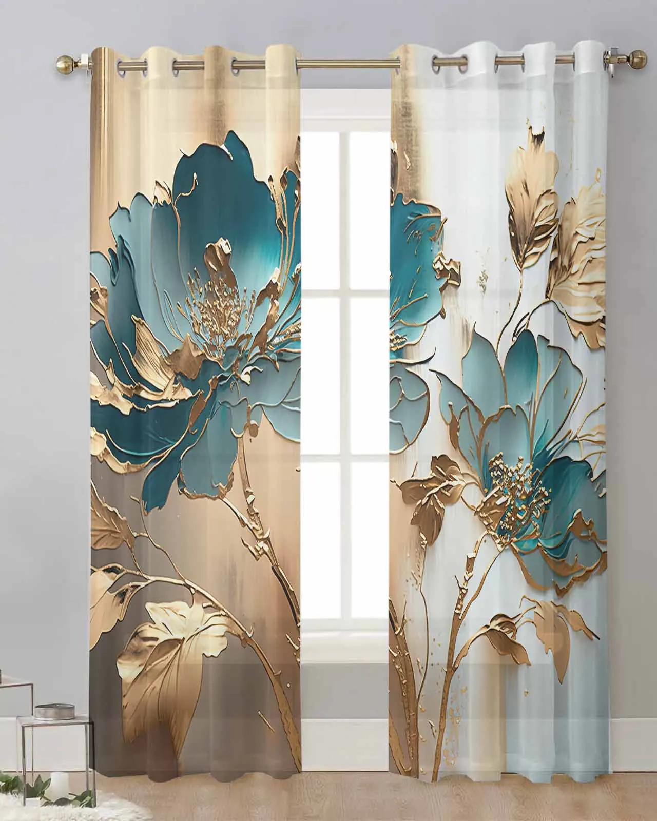 Oil Painting Metal Flowers Realistic Gold Foil Sheer Curtains for Living Room Printed Tulle Window Curtain Luxury Home Drapes