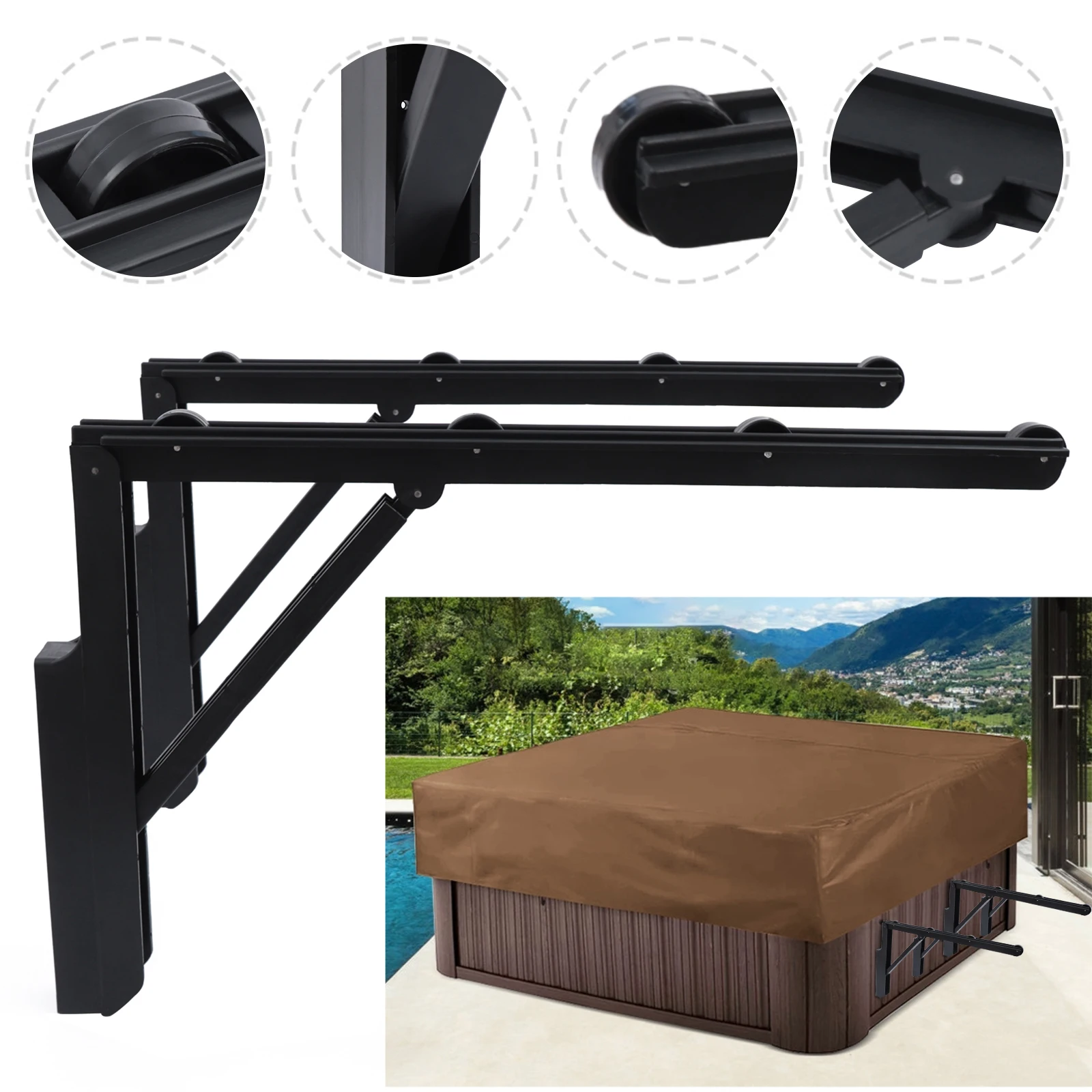 Spa fornecimento banheira de hidromassagem capa elevador dobrável banheira de hidromassagem rack de rolo preto 2 peças