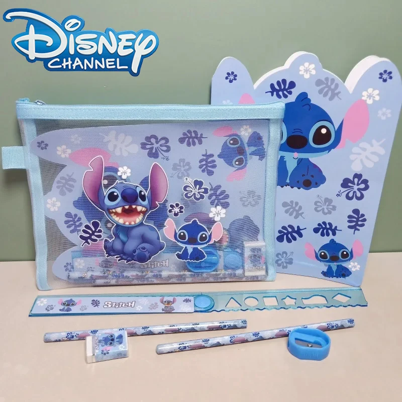 

7pcs/Set Disney Stitch Mesh Bag Stationery Cartoon Ruler Pencil Sharpener Eraser Set Kids Notebook School Supplies Prize