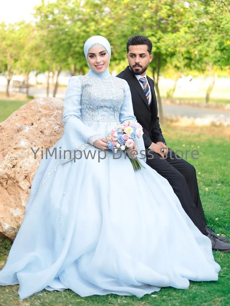 Moslim trouwjurken met hoge hals lange mouwen sweep trein een lijn kralen chiffon hijab tuin bruid bruidsjurken op maat