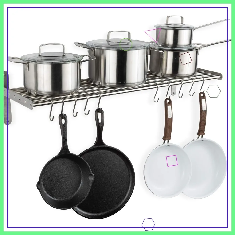 

Stainless Steel Wall Shelf with 10 S Hooks for Kitchen Pots and Pans Organization