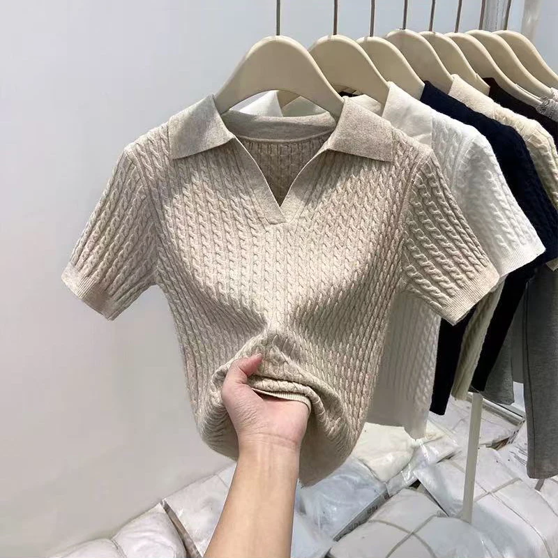 Knitted Short Sleeve T Shirt for Women Spring Summer All Match Slim Lapel Tops Female Korean Solid Simple Basic Casual Tees New