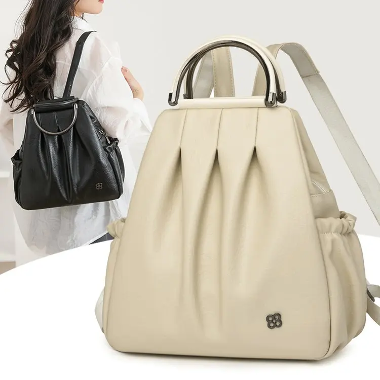 

Trendy Spliced Soft Leather Travel Women's Bapa oulder Bag Commuter Sle Zipper Closure Youth Faion Casual Bag