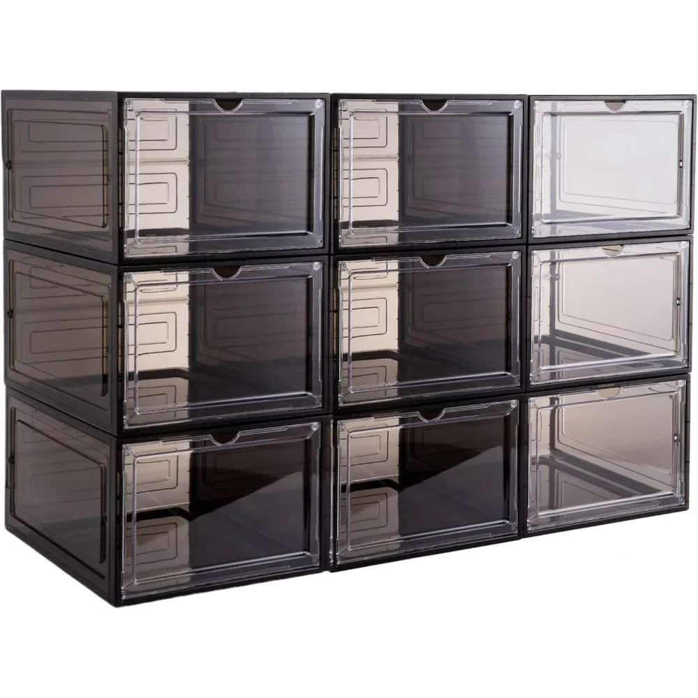 

Stackable plastic shoe cabinet, thick and sturdy shoe storage box with magnetic door, pull-down front shoe box