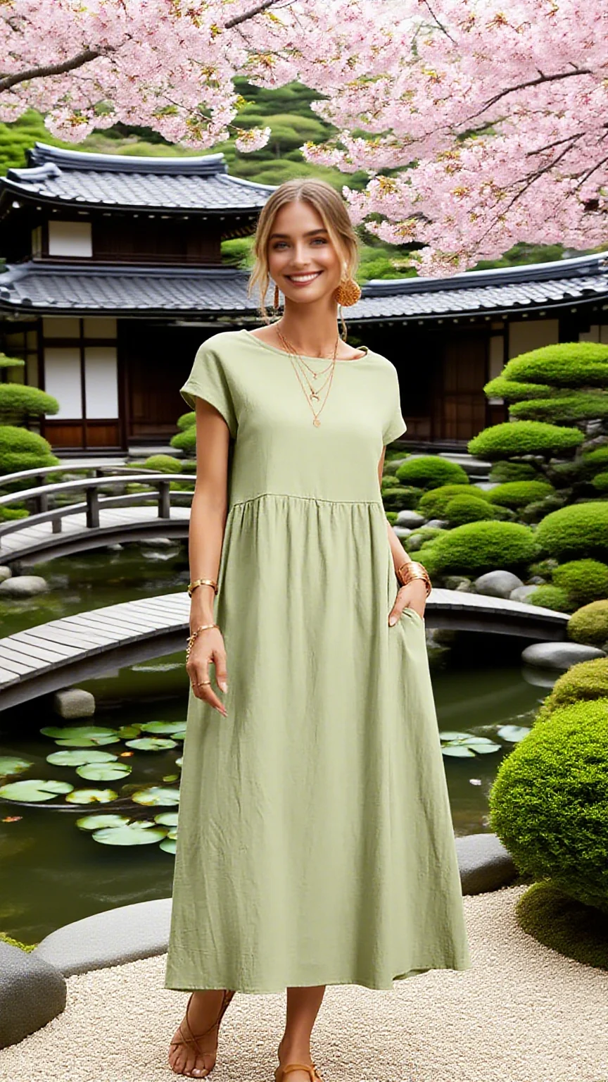 Vestido retro de cor sólida feminino 2025 verão elegante em torno do pescoço vestido de manga curta feminino casual solto saia de sol saia longa