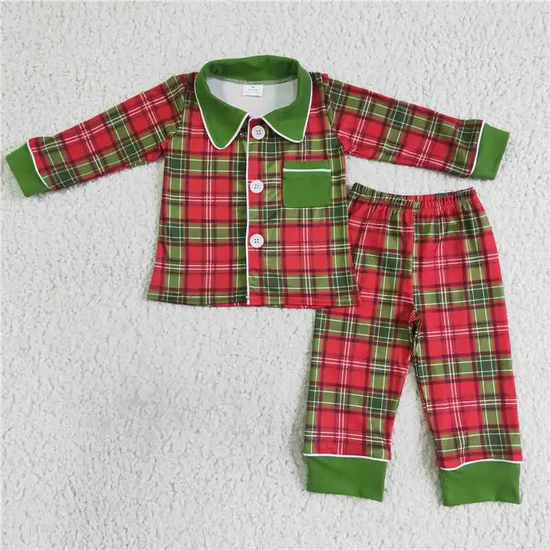 New Fashion Baby Boys Embroidered Star Christmas Tree Red and White Plaid Long Sleeve Pants Suit Wholesale Boutique Kid Suit