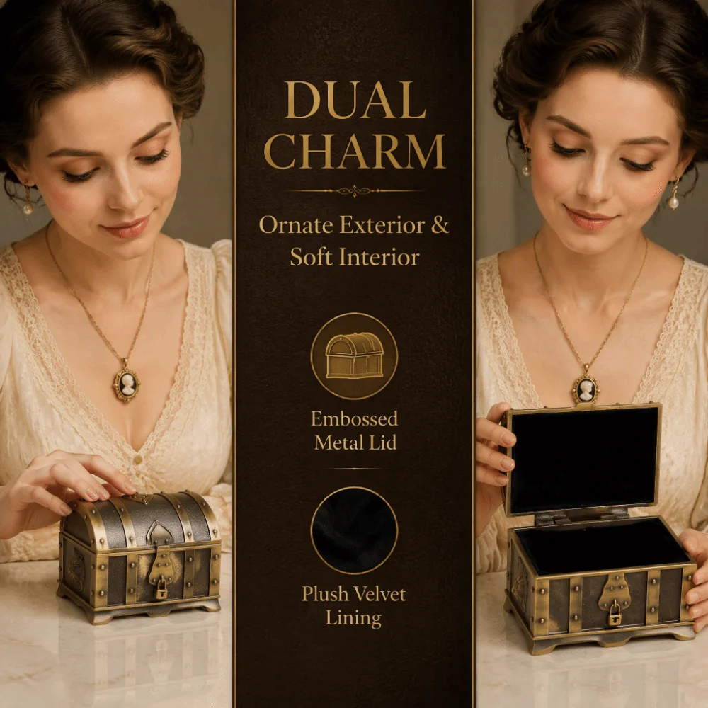 Zinc Alloy Jewelry Trinket Box Engraved Pattern Antique Bronze Jewelry Storage Case Velvet Lining Compact Size