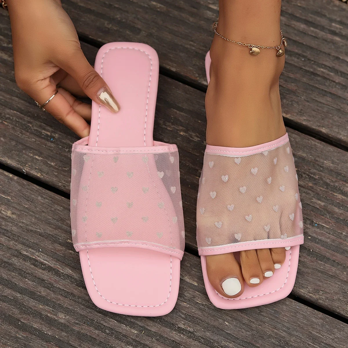 Women Slippers New Pattern Sandals Mesh Flat Bottomed Slippers Flip Flops Fashionable Elegant Slides Women Zapatillas De Mujer