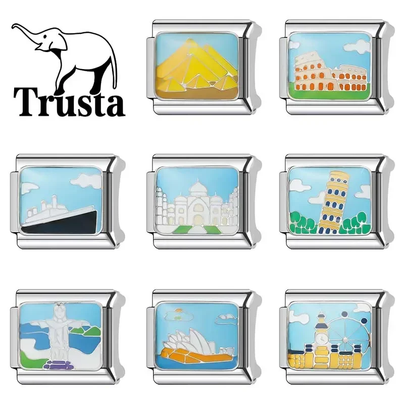 Trusta 2024 New Fashion Color Architecture Charm Italian Links 9mm Bracelet Stainless Steel for Women DIY Jewelry Wholesale N067