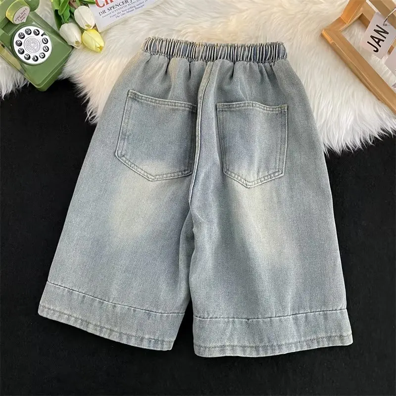 American Style Printed Denim Shorts for Men Retro Vibe Washed Drawstring Loose Casual Five-Quarter Pants Youth Fashion
