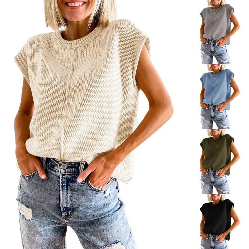 Women Solid Color Sweater Vests Spring Autumn Clothes Crew Neck Cap Sleeve Loose Casual Knitted Tank Tops Pullovers Streetwear