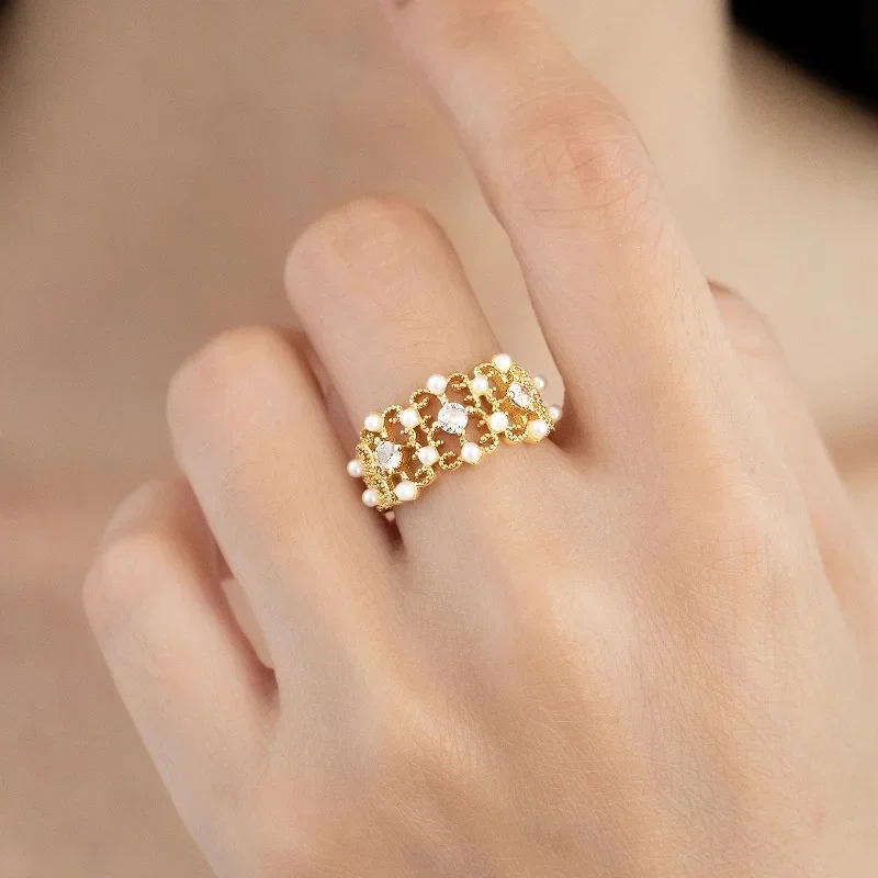 QN Lace Edged Zircon Pearl Open Ring, Women's New Chinese Style Fashionable High-end Temperament Patterned Ring