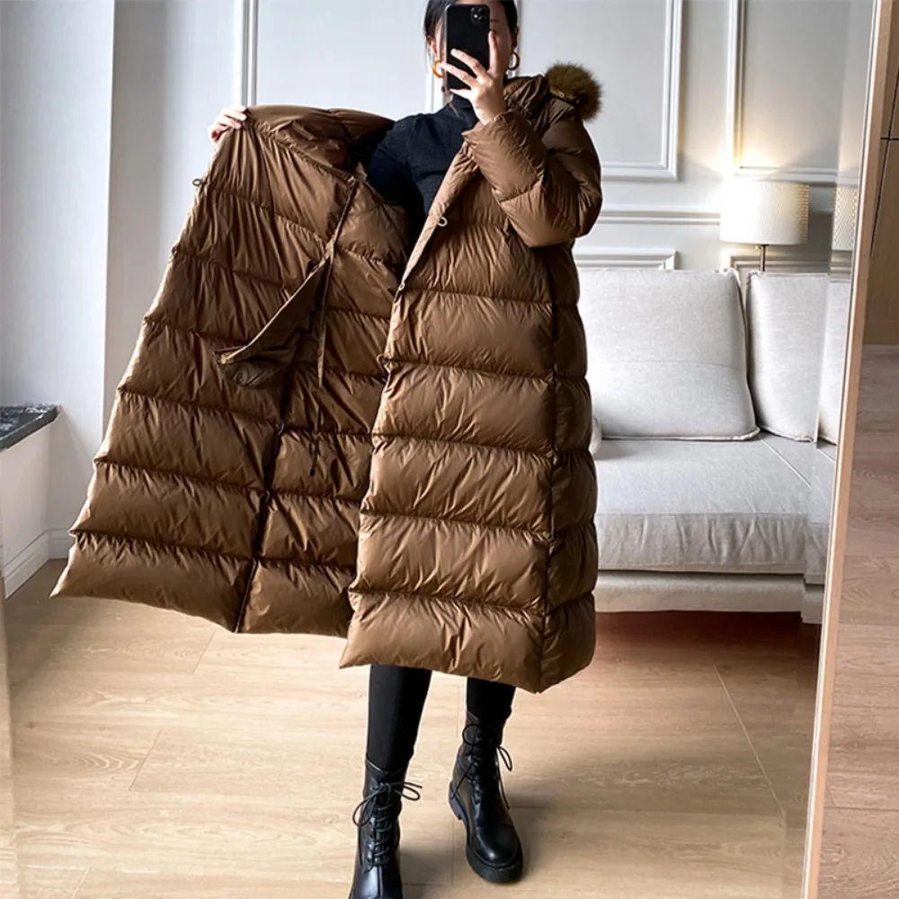 Echtpelz Jacke 2024, Winter Frauen Weiße Ente Unten Jacken Ultra Licht Warme Lange Parkas Fuchs Pelz Kragen Weibliche Mit Kapuze Schnee mäntel