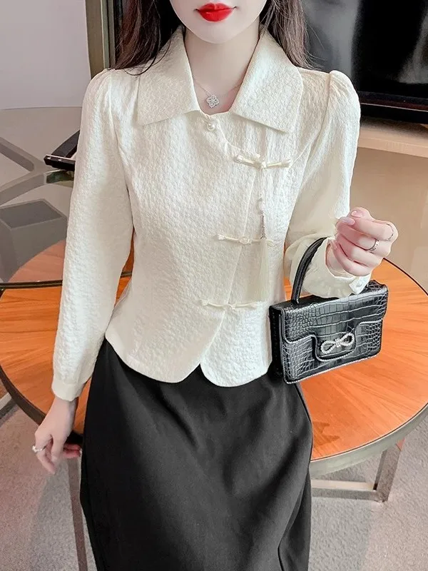 

Retro Button up Long Sve irt Women's Autumn Winter Spring New Sle Elegance Lady irt Waist Inward Design Top