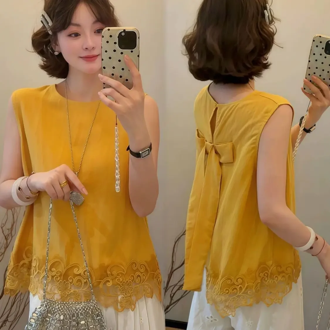 

Sleeveless Blouse With Bow Back Detail And Lace Trim Design Fashion