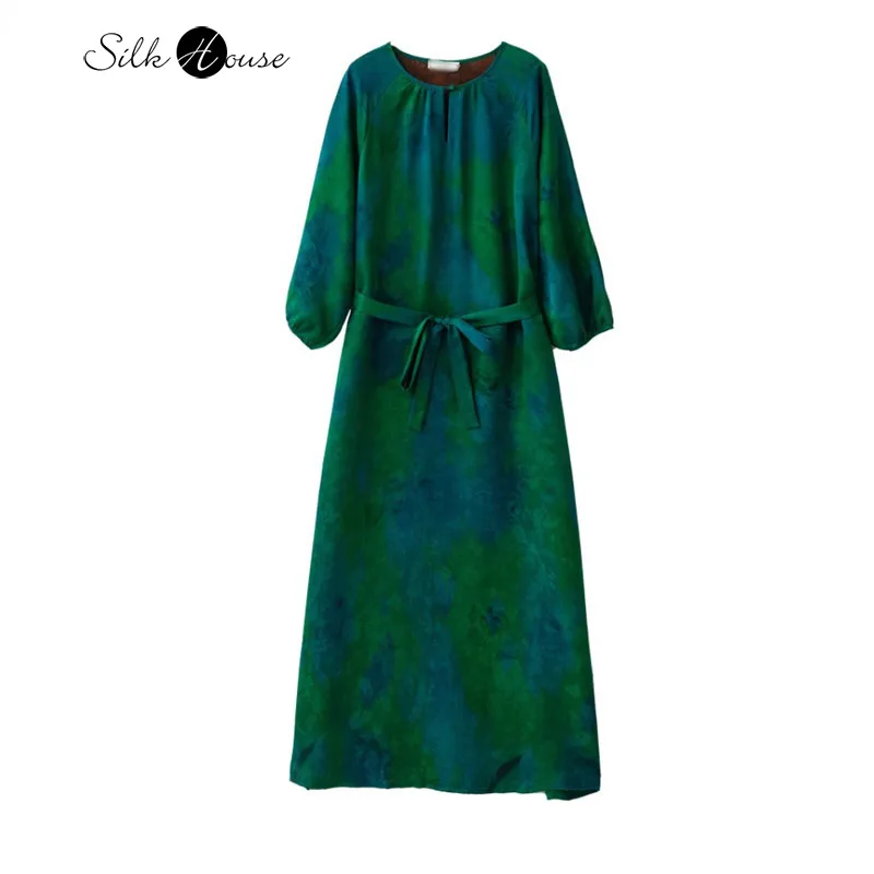 

2025 Spring/Summer New 100% Natural Mulberry Silk Floral Cloud Yarn Round Neck Strap Waist Long Sleeve Women's Fashion Dress