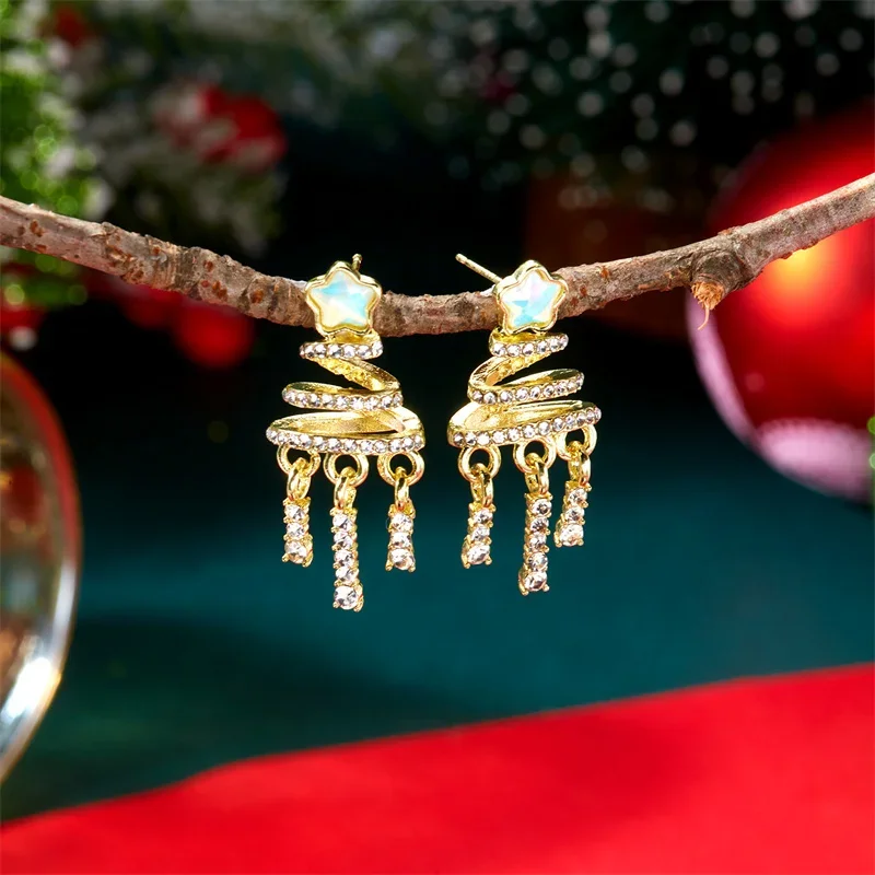 French Light Luxury Zircon Christmas Tree Earrings For Women Sparkling Crystal Stars Tassel Earrings New Year Jewelry Gift