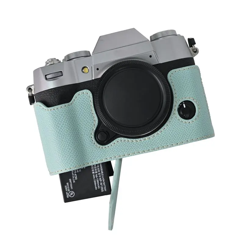 L62A Vintage Leather Casing For Fujifilm X-T50 Camera- Protective Bag With Half Body Cover Adjustable Shoulder Strap Blue