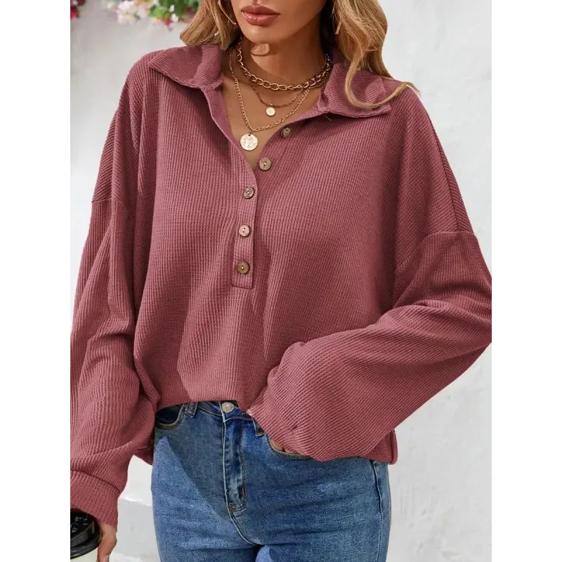 

2023 New Autumn and Winter Fashion Solid Color Polo Collar Panel Button Long Sleeve Temperament Commuter Loose Women's Top