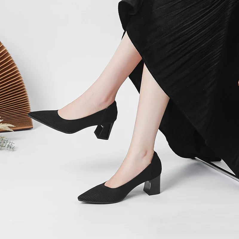 High Heel for Women 2026 Spring and Autumn New Soft Knitted Pointed Breathable and Comfortable Anti-skid Rubber Soled Work Shoes