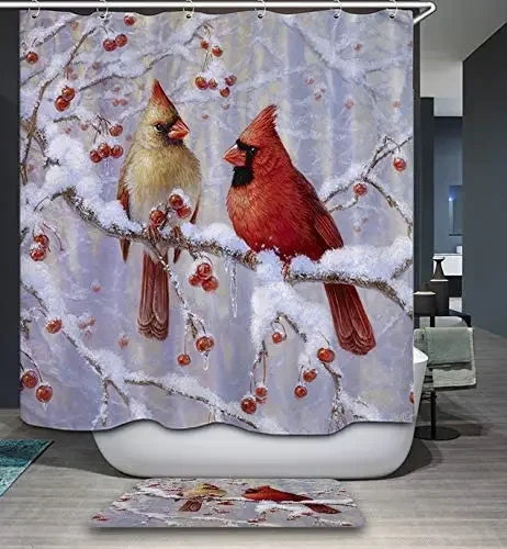 Red Cardinal By Ho Me Lili Shower Curtain Christmas Winter Snowy Bird Themd Polyester Fabric Bathroom Decor